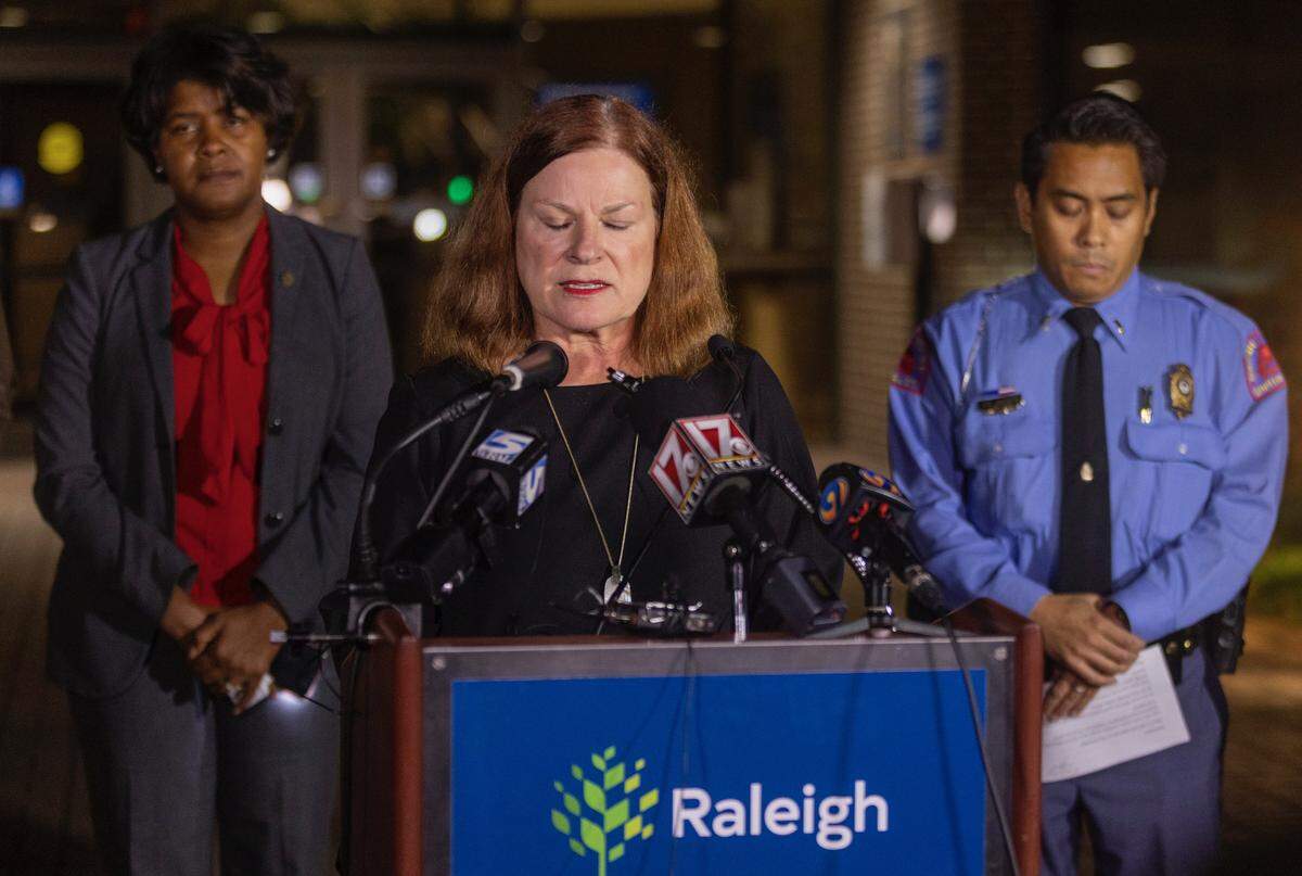 A visibly shaken, Raleigh Mayor Mary-Ann Baldwin, announces that multiple people were shot, and at least five people were killed on the Neuse River Greenway on Thursday afternoon. Baldwin delivered the news during a press briefing at the Raleigh Municipal Building on Thursday, October 13, 2022 in Raleigh, N.C.
