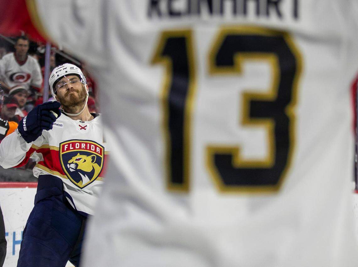 The Florida Panthers Matthew Tkachuk (19) reacts after scoring the game winning goal in overtime agains the Carolina Hurricanes during Game 2 of the Eastern Conference Finals on Saturday, May 20, 2023 at PNC Arena in Raleigh, N.C.