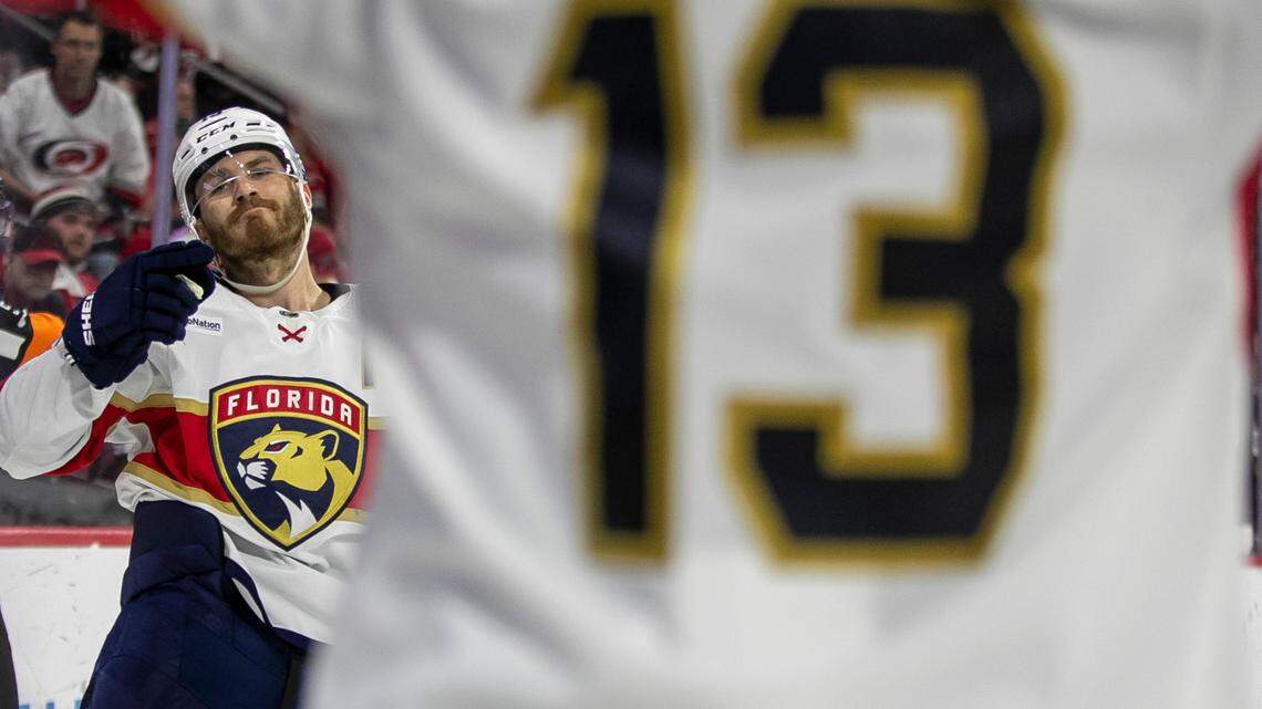 The Florida Panthers Matthew Tkachuk (19) reacts after scoring the game winning goal in overtime agains the Carolina Hurricanes during Game 2 of the Eastern Conference Finals on Saturday, May 20, 2023 at PNC Arena in Raleigh, N.C.