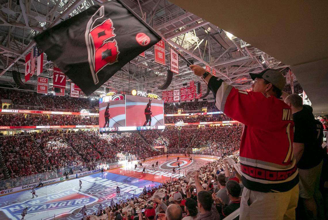 Carolina Hurricanes fans welcome the team to the ice against the New York Rangers on Monday, May 30, 2022 during game seven of the Stanley Cup second round at PNC Arena in Raleigh, N.C.