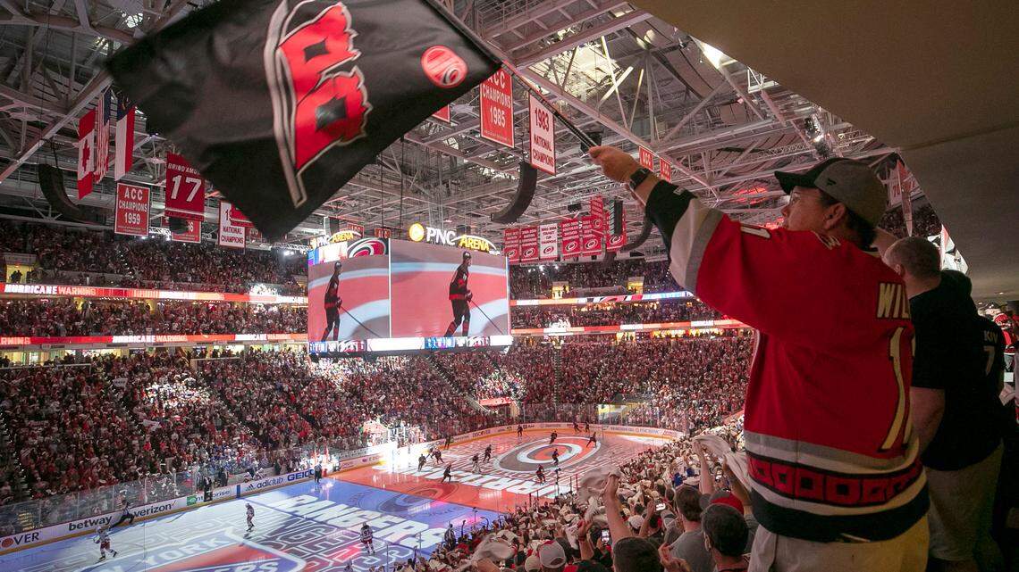 Carolina Hurricanes fans welcome the team to the ice against the New York Rangers on Monday, May 30, 2022 during game seven of the Stanley Cup second round at PNC Arena in Raleigh, N.C.