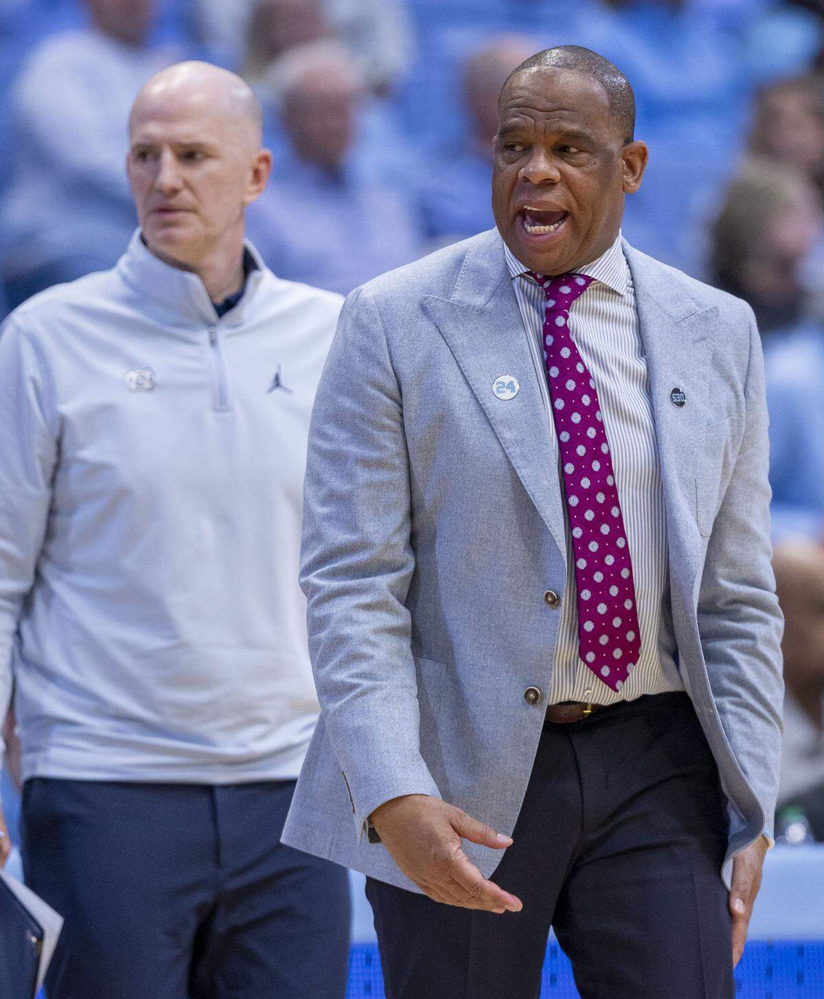 North Carolina coach Hubert Davis reacts after Syracuse cut the Tar Heels’ 30 point lead to ten points in the second half on Monday, February 2, 2026 at the Smith Center in Chapel Hill, N.C.