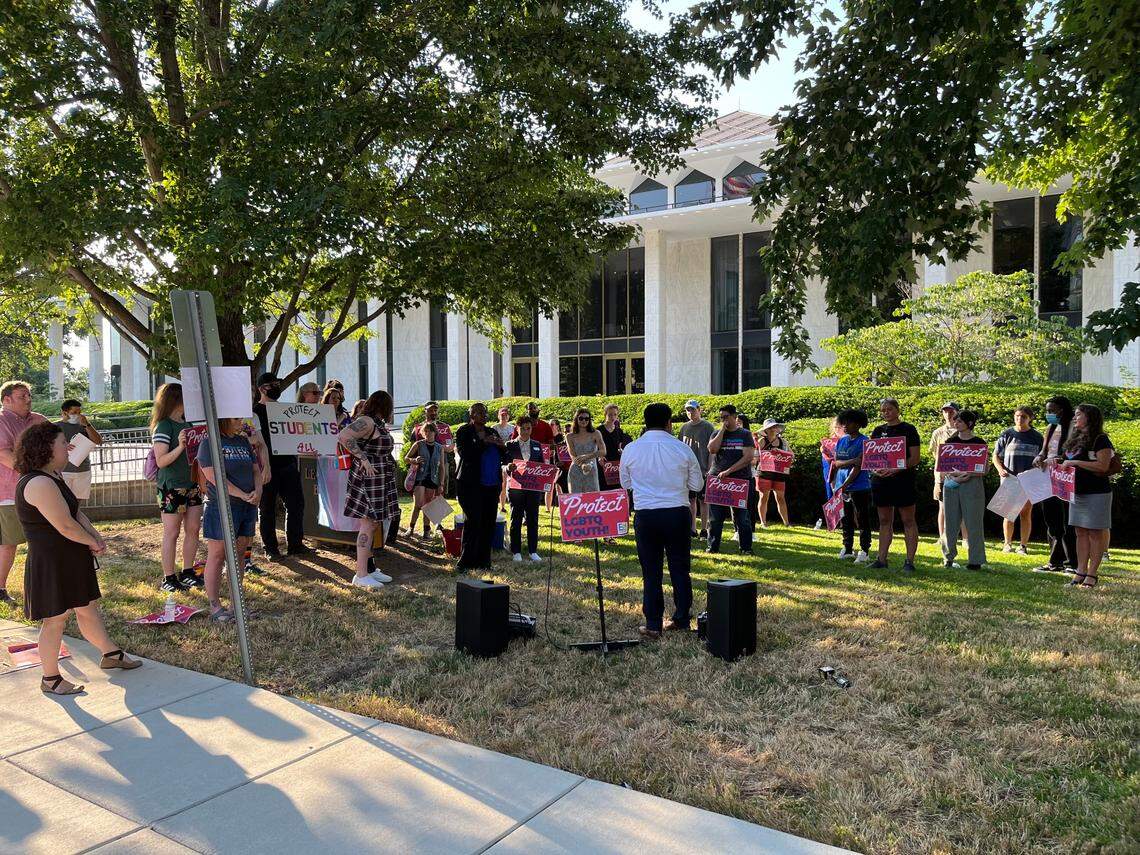 Protesters gather outside the state Legislative Building in Raleigh, N.C. on Wednesday, June 1, 2022 after the North Carolina Senate approved House Bill 755, which would ban K-3 instruction of LGBTQ issues and requires schools to inform parents if their children changed their pronouns.