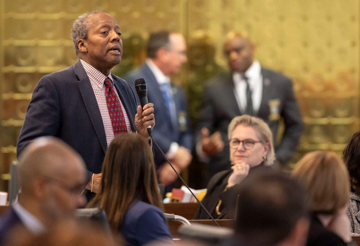 Rep. Abe Jones offers a tribute to the late Rep. Joe John on Wednesday, Jan. 29, 2025, in Raleigh, N.C.