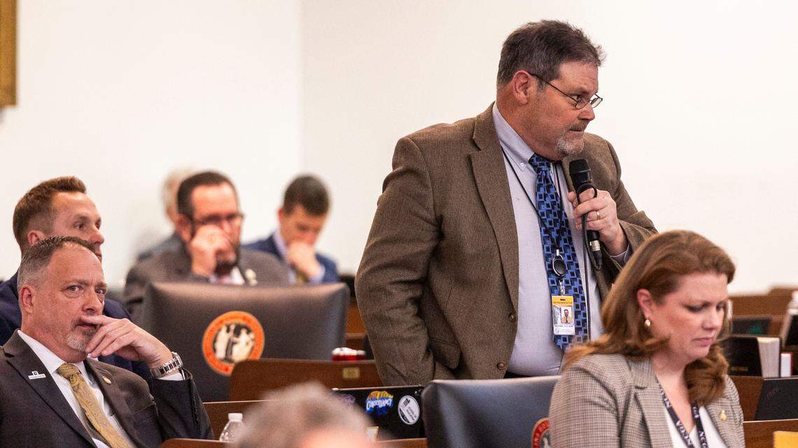 Republican Rep. Dudley Greene, who represents Avery, McDowell, Mitchell, and Yancey counties, debates a Helene recovery bill on the House floor of the North Carolina Legislative Building on Tuesday, Feb. 25, 2025. The House unanimously passed its version of the state’s fourth Helene relief bill, clearing the way for the Senate to weigh in.