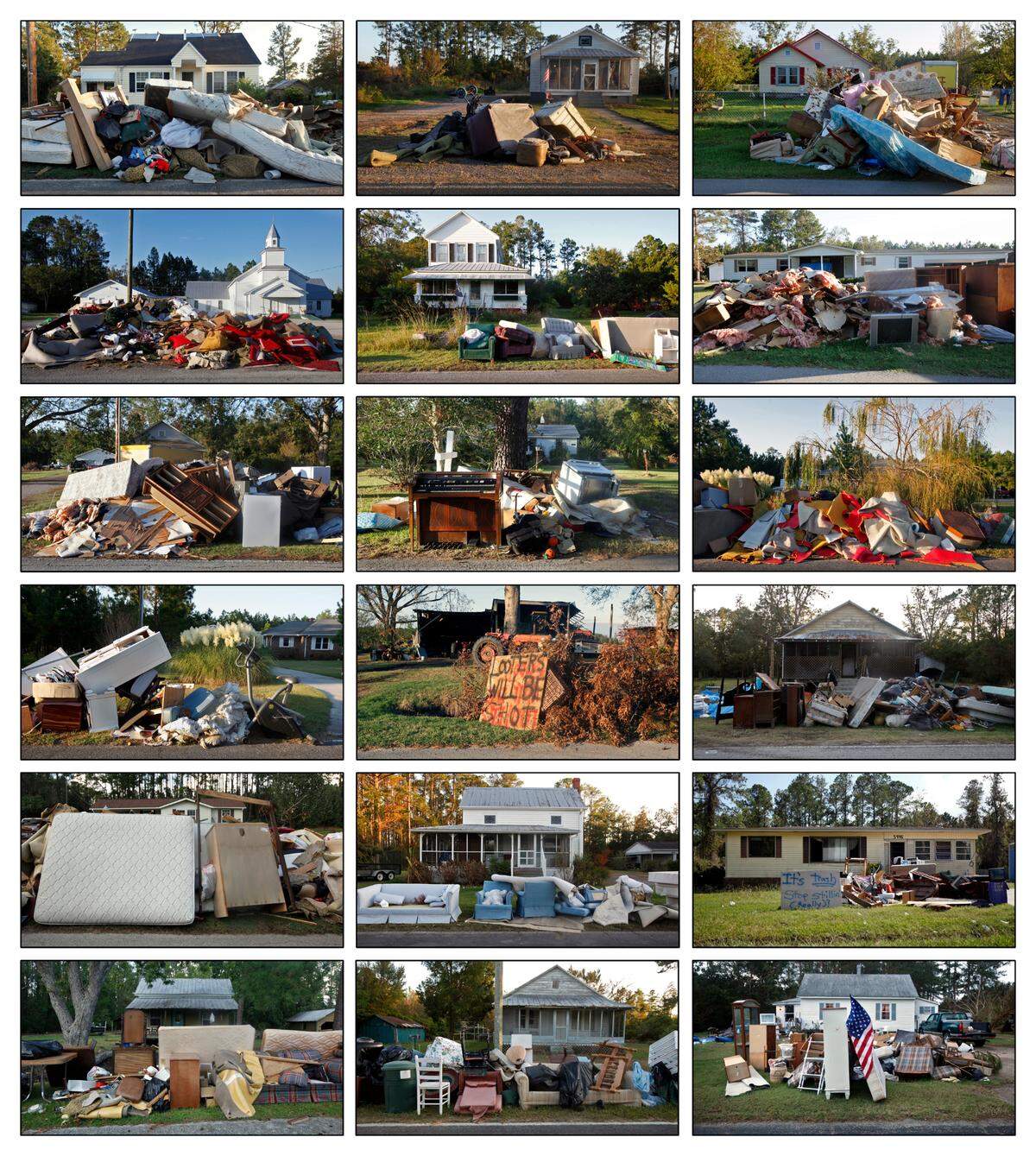 Flood-damaged home furnishings sit on the curb in Lowland and Hobucken on September 8, 2011, almost two weeks after Hurricane Irene caused the Pamlico River to flood the towns.