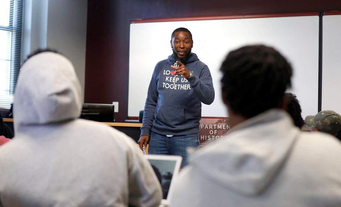 Patrick Douthit, better know as 9th Wonder, teaches the History of Hip Hop at North Carolina Central University in Durham, N.C., Thursday, October 24, 2019.