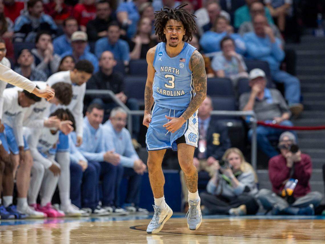 North Carolina guard Elliot Cadeau (3) reacts as the Tar Heels open a 20-point lead over San Diego State in the first half during the NCAA First Four on Tuesday, March 18, 2025 at the University of Dayton Arena in Dayton, Ohio.