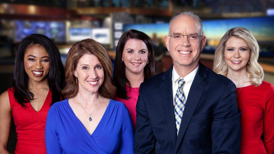 The WRAL weather team, L-R: Peta Sheerwood, Elizabeth Gardner, Aimee Wilmoth, Mike Maze, Kat Campbell.