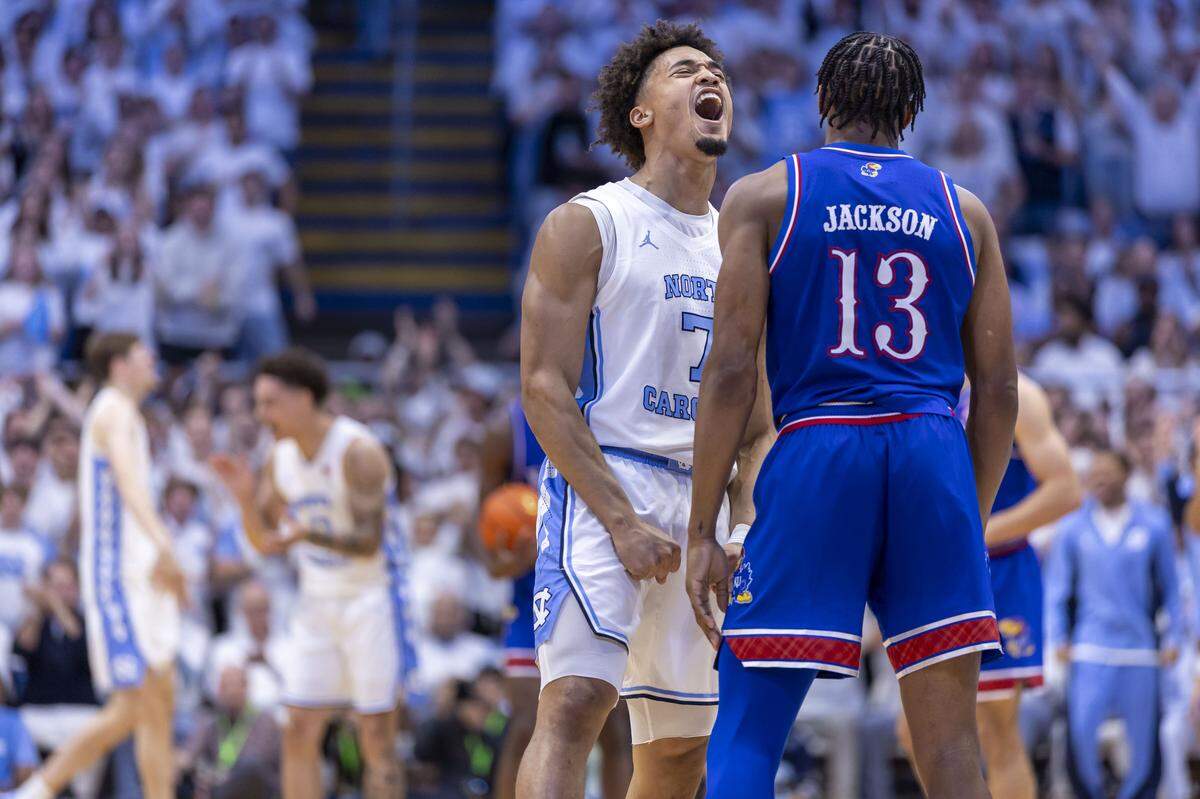 North Carolina guard Seth Trimble (7) reacts after forcing a turnover by Kansas guard Elmarko Jackson (13) in the first half on Friday, November 7, 2025 at the Smith Center in Chapel Hill, N.C.