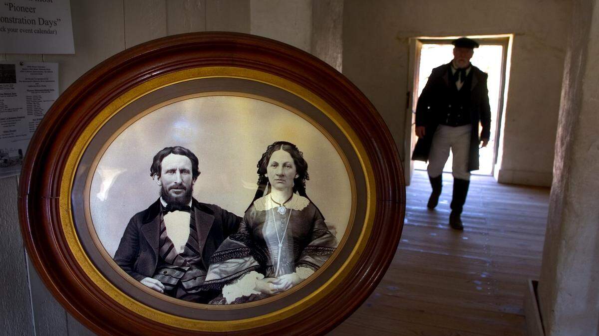 A framed photograph copied from a small daguerreotype circa 1862 of Donner Party members James and Margaret Reed displayed for at Sutter’s Fort in California in 2006.