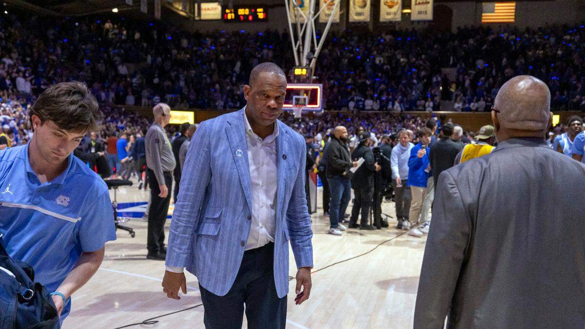 North Carolina coach Hubert Davis waits for his players to leave the court following the Tar Heels’ 87-70 loss to Duke on Saturday, February 1, 2025 at Cameron Indoor Stadium in Durham, N.C.