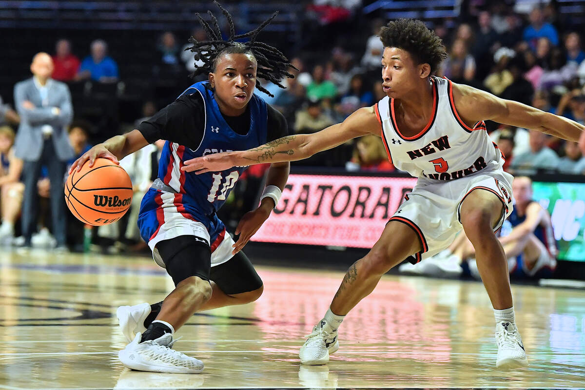 Sanderson’s Kendrick Pulley (10) controls the ball against New Hanover’s Rodmik Allen (5) during the first half. The Sanderson Spartans and the New Hanover Wildcats met in the NCHSAA 4A East Regional Final in Winston-Salem, N.C. on March 12, 2025.