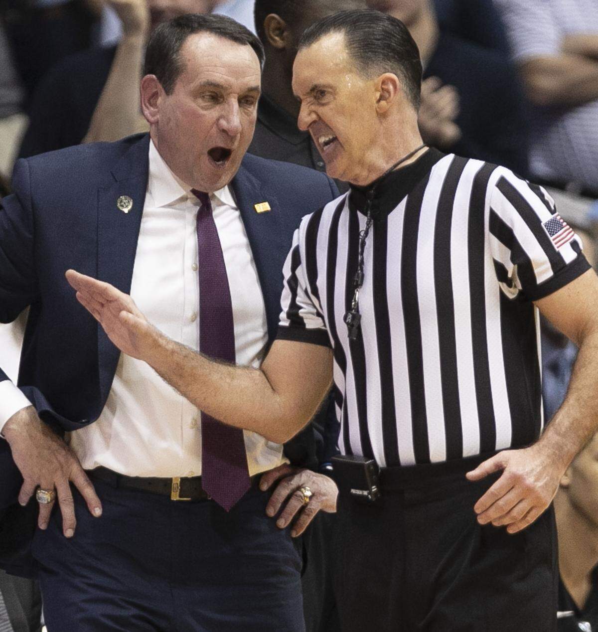 Duke coach Mike Krzyzewski has a word with official Roger Ayers after a foul was called on Cam Reddish (2) in the second half against North Carolina on Saturday, March 9, 2019 at the Smith Center in Chapel Hill, N.C.
