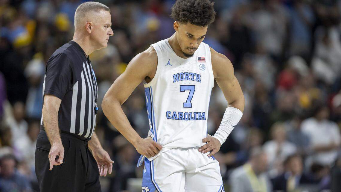 North Carolina guard Seth Trimble (7) reacts after missing a free throw in overtime against VCU on March 18, during the first round of the NCAA Tournament at Bon Secours Arena in Greenville, S.C.