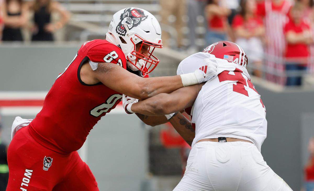 N.C. State tight end Dante Daniels (87) blocks Stanford linebacker Ernest Cooper (44) during the second half of N.C. State’s 59-28 victory over Stanford at Carter-Finley Stadium in Raleigh, N.C., Saturday, Nov. 2, 2024.