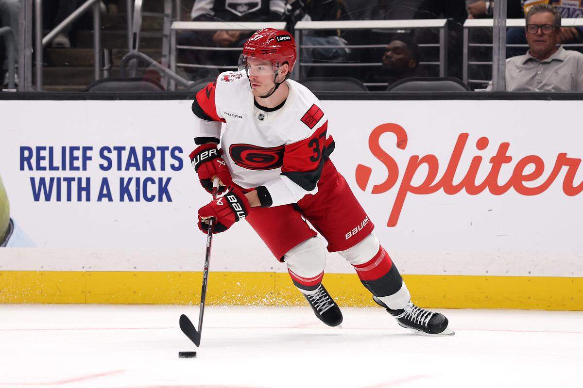 Andrei Svechnikov of the Carolina Hurricanes carries the puck against the Los Angeles Kings at Crypto.com Arena on Oct. 18, 2025 in Los Angeles, California. Svechnikov had two points against Buffalo on Saturday.