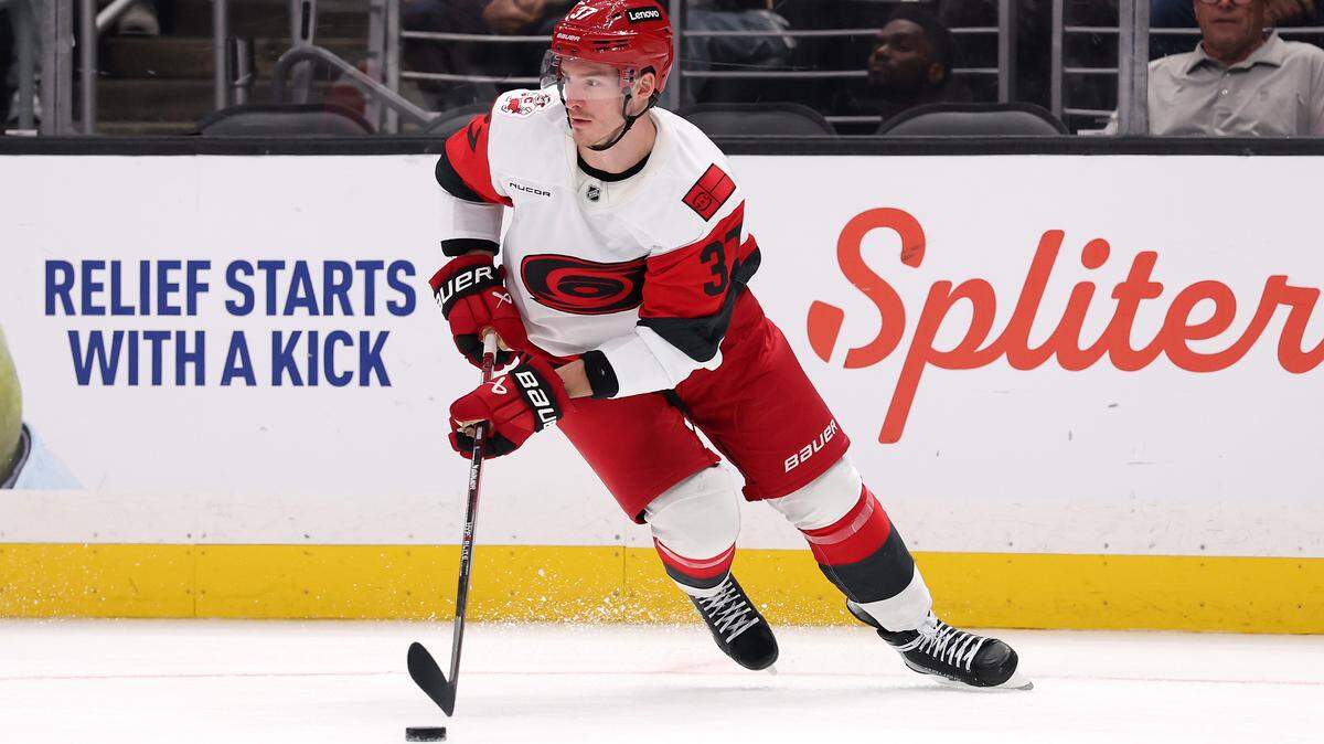 Andrei Svechnikov of the Carolina Hurricanes carries the puck against the Los Angeles Kings at Crypto.com Arena on Oct. 18, 2025 in Los Angeles, California. Svechnikov had two points against Buffalo on Saturday.