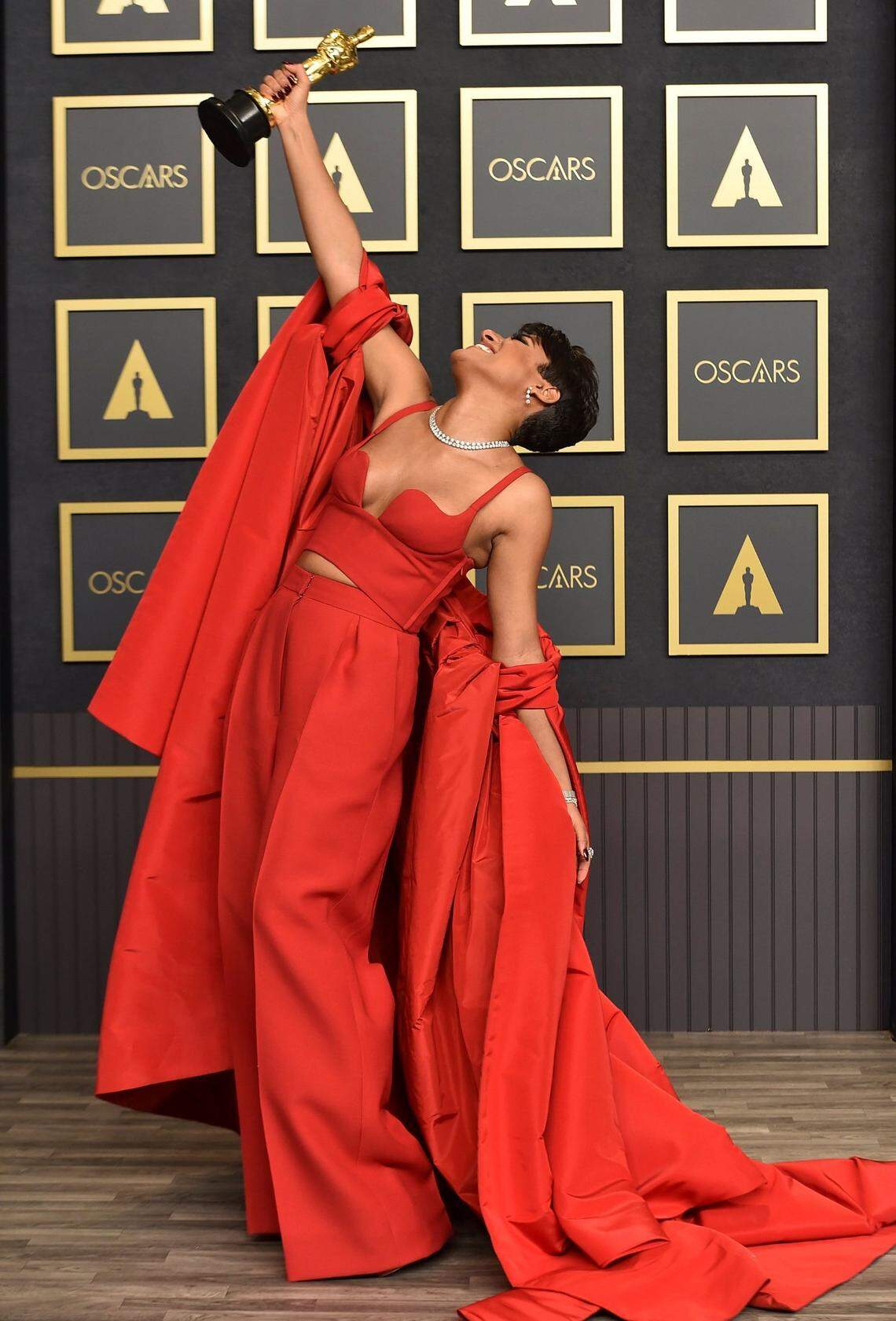 Ariana DeBose, winner of the award for best performance by an actress in a supporting role for “West Side Story,” poses in the press room at the Oscars on Sunday, March 27, 2022, at the Dolby Theatre in Los Angeles. (Photo by Jordan Strauss/Invision/AP)