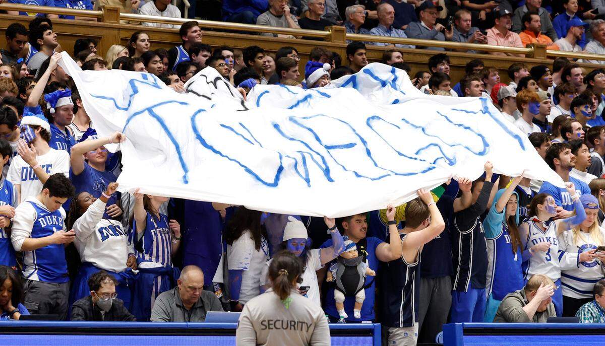 The Cameron Crazies display a banner for the Crazy Towel Guy during the second half of Duke’s 84-78 victory over Auburn at Cameron Indoor Stadium in Durham, N.C., Wednesday, Dec. 4, 2024.