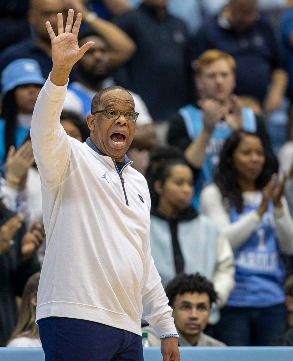 North Carolina coach Hubert Davis directs his team on offense during the second half against Wake Forest on Wednesday, January 4, 2023 at the Smith Center in Chapel Hill, N.C.