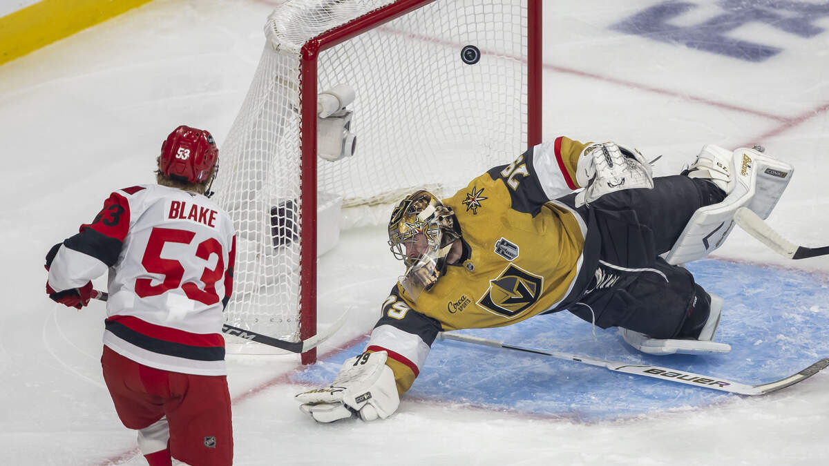 Carolina Hurricanes right wing Logan Stankoven (22) scores on Vegas goalie Carter Hart (79) to take a 2-0 lead in the first period in Game 4 of the Stanley Cup Final against Vegas, on Tuesday, June 9, 2026 in Las Vegas, NV.