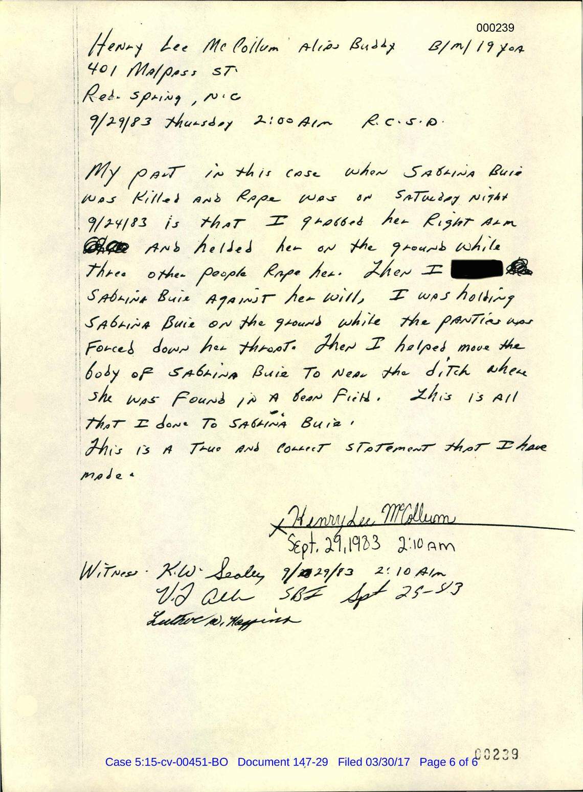 The final page of a handwritten statement signed by Henry McCollum in 1983.