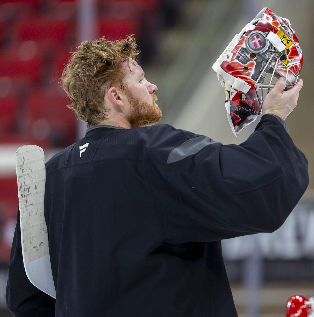 Carolina Hurricanes goalie Frederik Andersen (31) takes a breather during practice on Tuesday, May 12, 2026, at Lenovo Center in Raleigh, N.C.