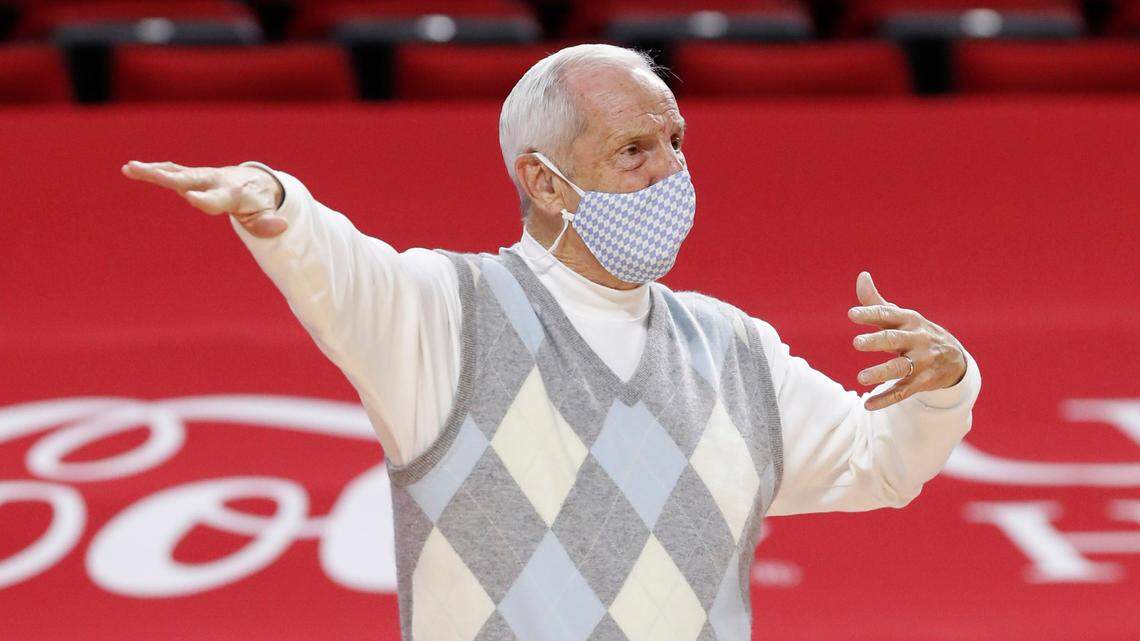 North Carolina head coach Roy Williams directs his team during the first half of N.C. State’s game against UNC at PNC Arena in Raleigh, N.C., Tuesday, December 22, 2020.