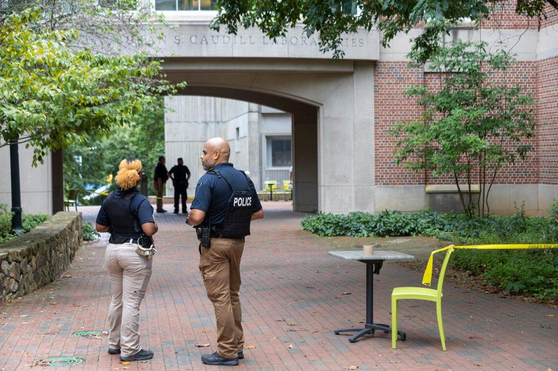 The University of North Carolina Campus Police secure the Caudill Laboratories Building after a report of an armed and dangerous person on Monday, August 28. 2023 in Chapel Hill, N.C.