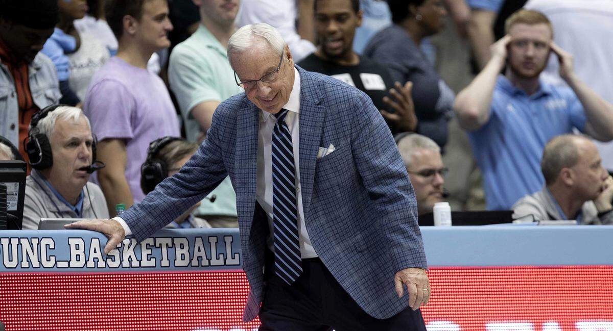 North Carolina coach Roy Williams reacts as Clemson takes their first lead in overtime on Saturday, January 11, 2020 in Chapel Hill, N.C.