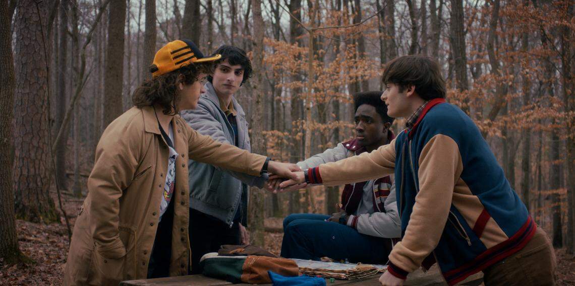 Gaten Matarazzo as Dustin Henderson, Finn Wolfhard as Mike Wheeler, Caleb McLaughlin as Lucas Sinclair, and Noah Schnapp as Will Byers in Season 5 of “Stranger Things.”