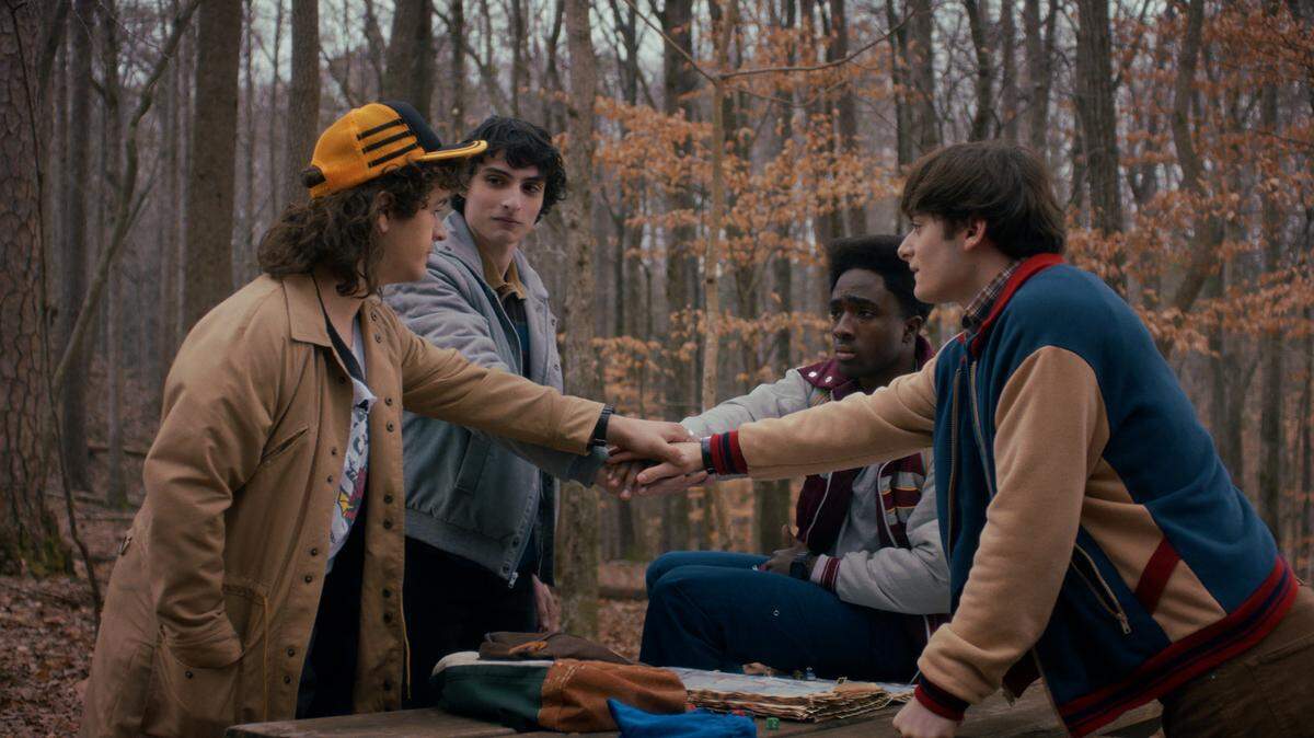 Gaten Matarazzo as Dustin Henderson, Finn Wolfhard as Mike Wheeler, Caleb McLaughlin as Lucas Sinclair, and Noah Schnapp as Will Byers in Season 5 of “Stranger Things.”