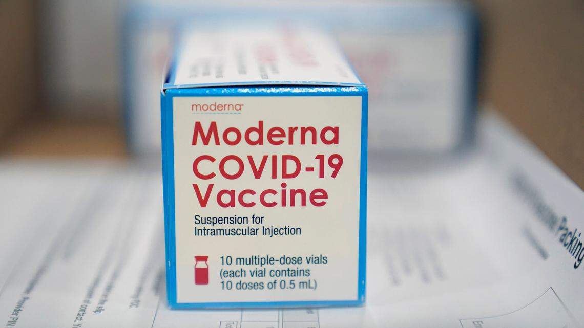 A box containing the Moderna COVID-19 vaccine is sits in a packing box to be shipped from the McKesson distribution center in Olive Branch, Miss., Sunday, Dec. 20.