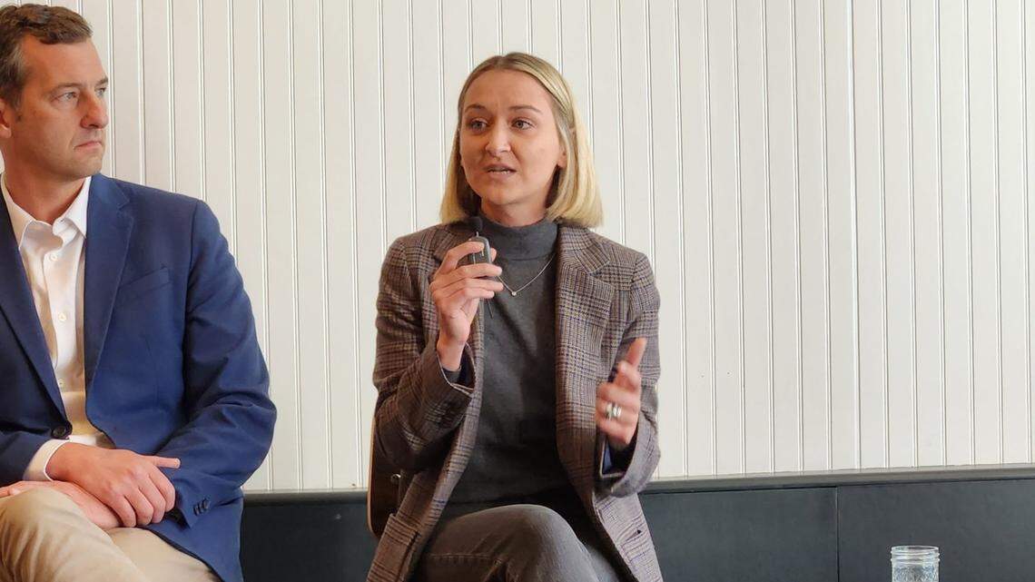Anderson Clayton, chair of the Person County Democratic Party, talks about the 2022 election results at a Carolina Forward event in November 2022 in downtown Raleigh, N.C. Clayton was elected chair of the N.C. Democratic Party on Feb. 11, 2023.