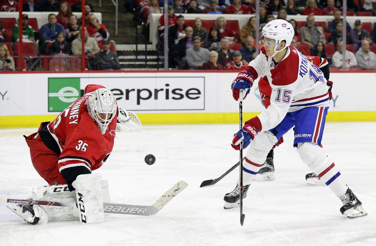 Carolina Hurricanes goalie Curtis McElhinney (35) blocks Montreal Canadiens’ Jesperi Kotkaniemi (15), of Finland, during the second period of an NHL hockey game in Raleigh, N.C., Sunday, March 24, 2019.