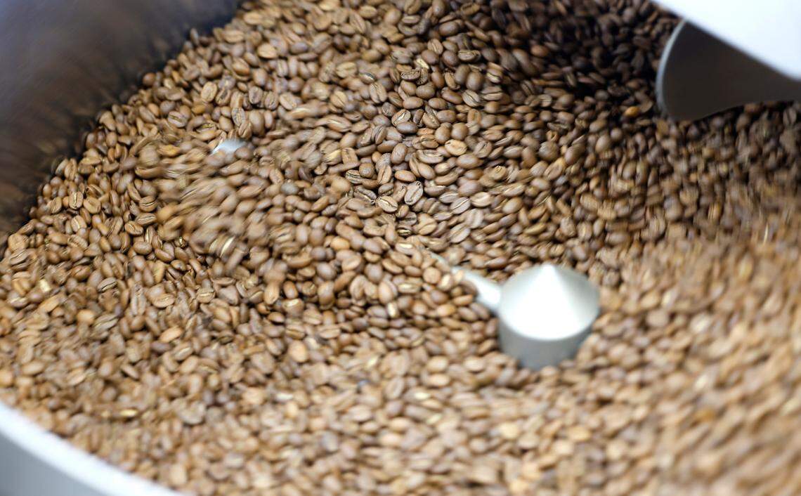 Roasted coffee beans are spun in the cooling tray at the 321 Coffee roasting facility in Raleigh, N.C., Tuesday, June 25, 2024.