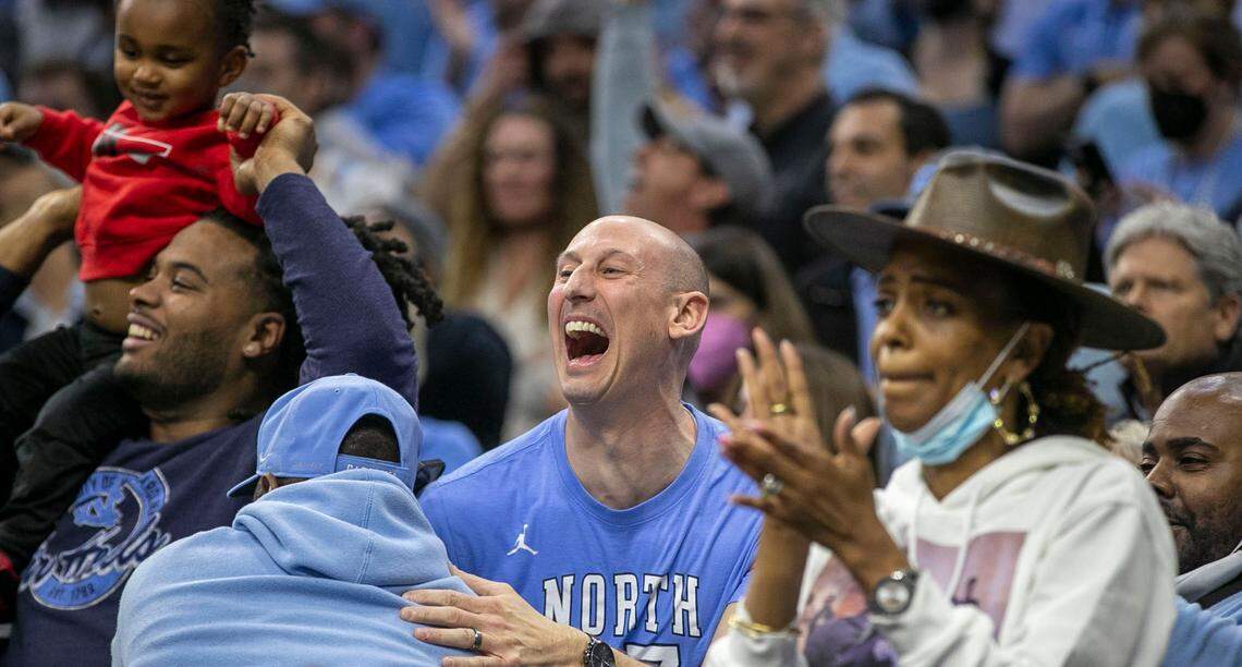 Tar Heel fans rejoice as they secure a 73-66 victory over UCLA on Friday, March 25, 2022 during the NCAA East Regional semi-final at Wells Fargo Center in Philadelphia, Pa.