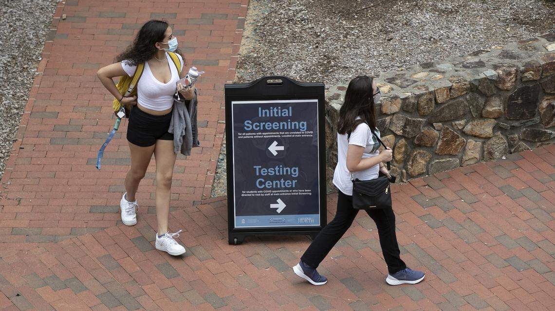University of North Carolina students enter the Campus Health Building for COVID-19 testing on Friday, August 21, 2020 in Chapel Hill, N.C. UNC reported 135 cases of the virus in three student housing locations, and urged students to get tested.