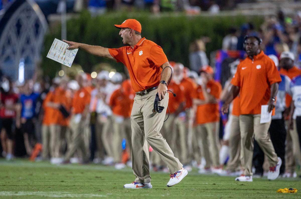 Clemson coach Dabo Swinney reacts to a penalty against his team in the first half against Duke on Monday, September 4, 2023 at Wallace Wade Stadium Stadium in Durham, N.C.
