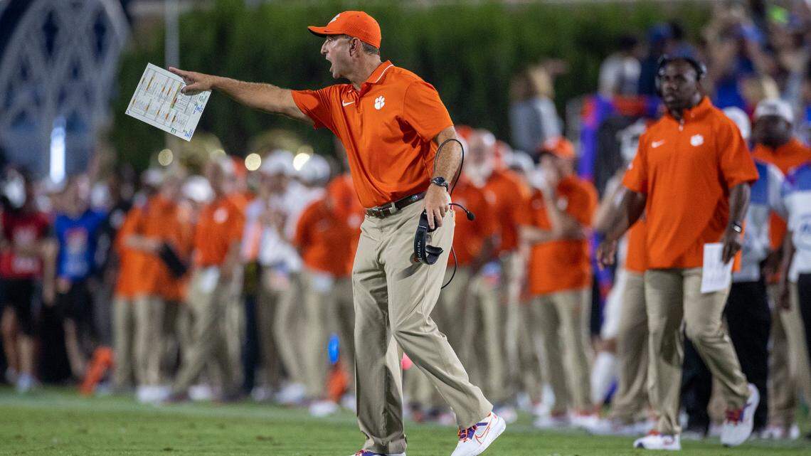 Clemson coach Dabo Swinney reacts to a penalty against his team in the first half against Duke on Monday, September 4, 2023 at Wallace Wade Stadium Stadium in Durham, N.C.
