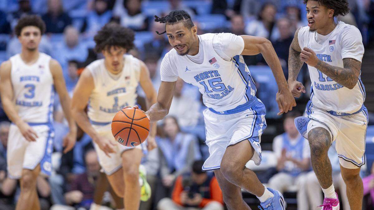 North Carolina forward Jarin Stevenson (15) pushes the ball down court after a Syracuse turnover in the second half on Monday, February 2, 2026 at the Smith Center in Chapel Hill, N.C.