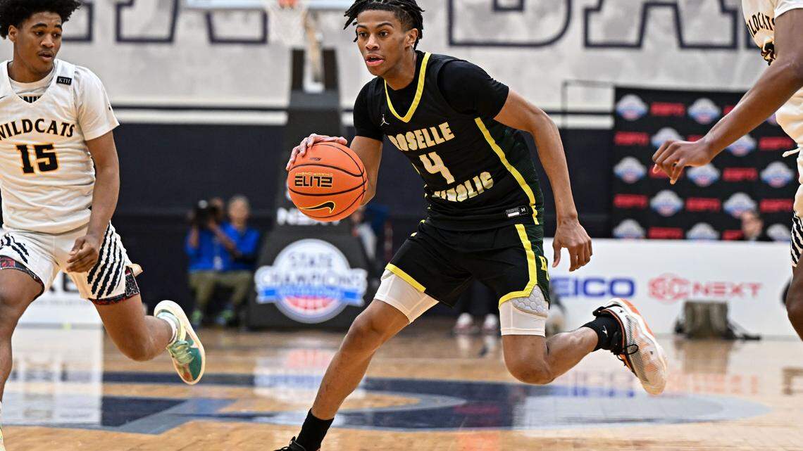 Roselle Catholic (NJ) guard Simeon Wilcher (4) drives to the basket against Wheeler (GA) during the fourth quarter at Georgetown University.