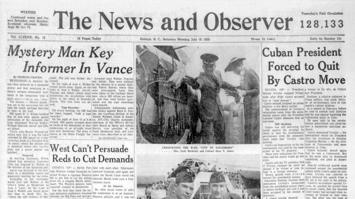 A front-page story talked about a mystery key informer in the Vance County trial involving a cotton mill strike and dynamite.