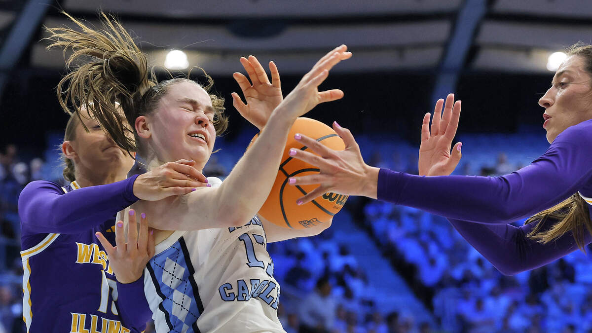 North Carolina’s Elina Aarnisalo is pressured by Western Illinois’ Addi Brownfield and Mallory Shetley during the first half of the Tar Heels’ first-round NCAA Tournament game on Friday, March 20, 2026, at Carmichael Arena in Chapel Hill, N.C.