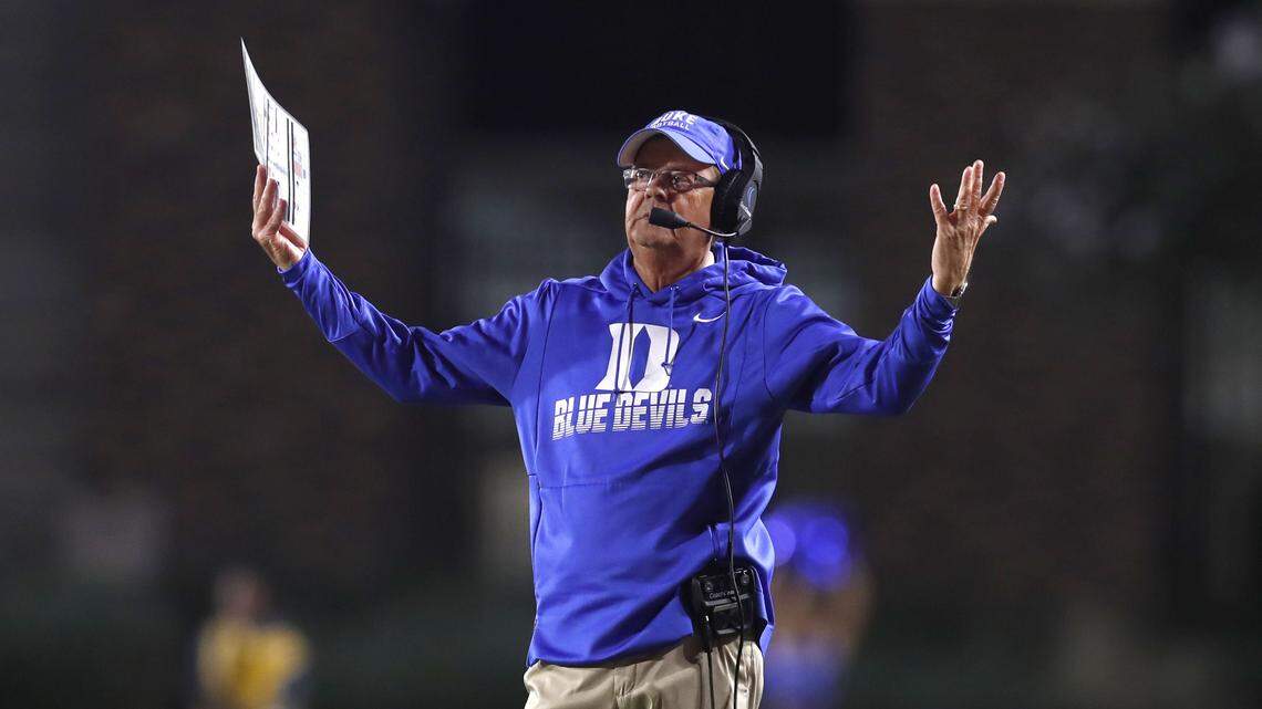 Duke head coach David Cutcliffe motions to the officials during the second half of Pittsburgh’s 33-30 victory over Duke at Wallace Wade Stadium in Durham, N.C., Saturday, Oct. 5, 2019.