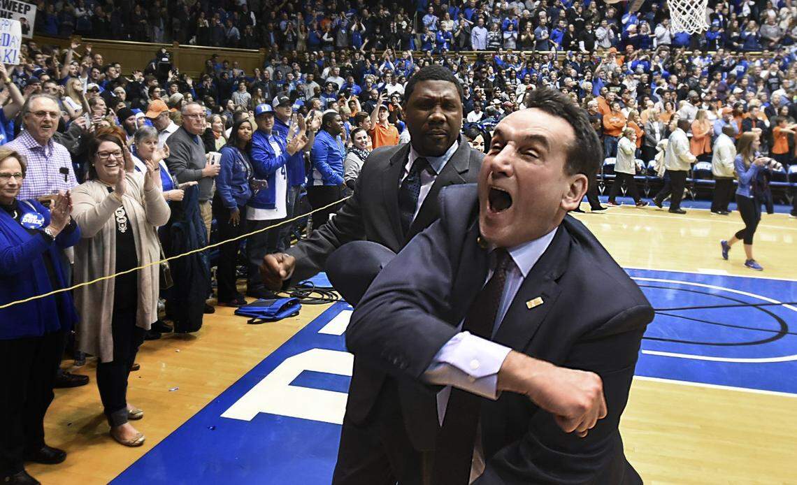 Duke head coach Mike Krzyzewski reacts as he leaves the floor as Duke defeated Virginia 63-62 at Cameron Indoor Stadium, Saturday, February 13, 2016.