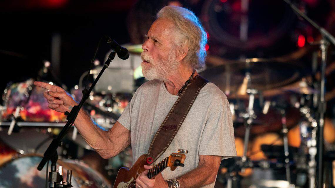 Bob Weir, one of the original members of Grateful Dead gestures to the crowd as Dead & Company perform on their final tour at Raleigh, N.C.’s Coastal Credit Union Music Park at Walnut Creek, Thursday night, June 1, 2023.