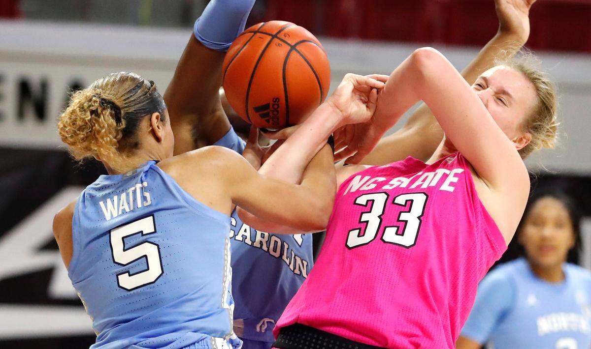 N.C. State’s Elissa Cunane (33) is fouled by North Carolina’s Stephanie Watts (5) during the second half of N.C. State’s 82-63 victory over UNC in the annual Play4Kay game at Reynolds Coliseum in Raleigh, N.C., Sunday, February 21, 2021.