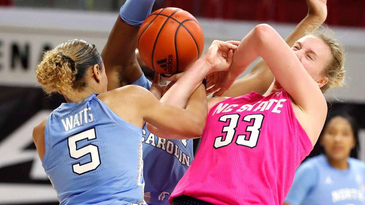 N.C. State’s Elissa Cunane (33) is fouled by North Carolina’s Stephanie Watts (5) during the second half of N.C. State’s 82-63 victory over UNC in the annual Play4Kay game at Reynolds Coliseum in Raleigh, N.C., Sunday, February 21, 2021.